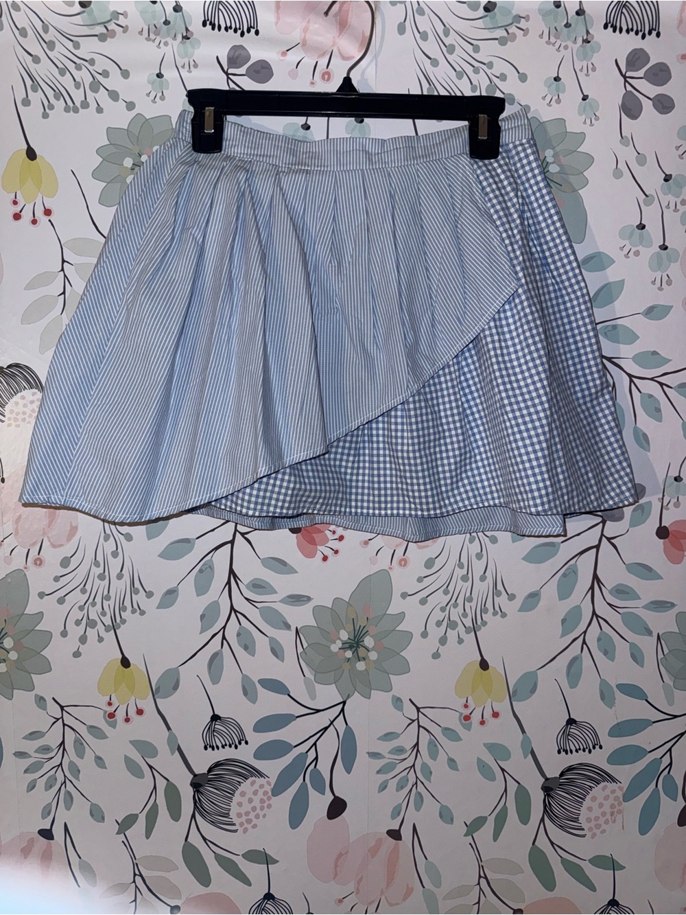 American Eagle Outfitters Light Blue Striped & Gingham Asymmetrical Mini Skirt